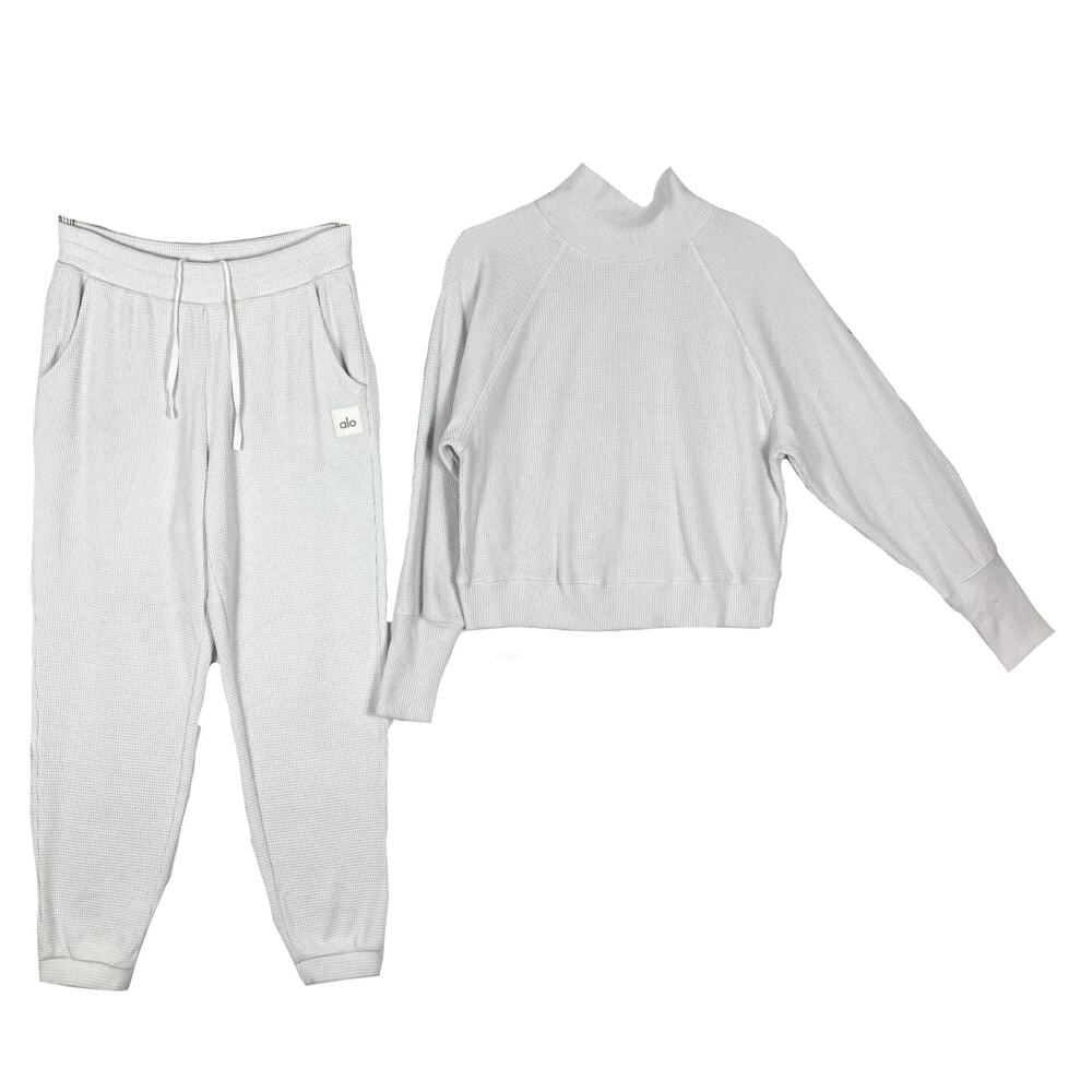 Nwot ALO YOGA Set Mens M White Waffle-Knit Jogger Sweatshirt Long-Sleeve Casual